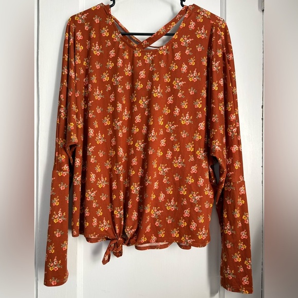 Iz Byer Tops - NWT Jr. Iz Byer Rust Floral Front Tie Criss Cross Back Pullover, Sz: XL